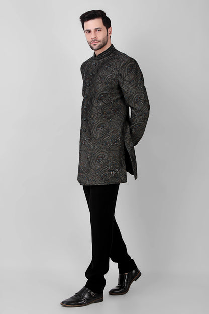 Men’s Indo-Western – Silk Top in Green with Dori and Silk Thread Embroidery | One Man Show
