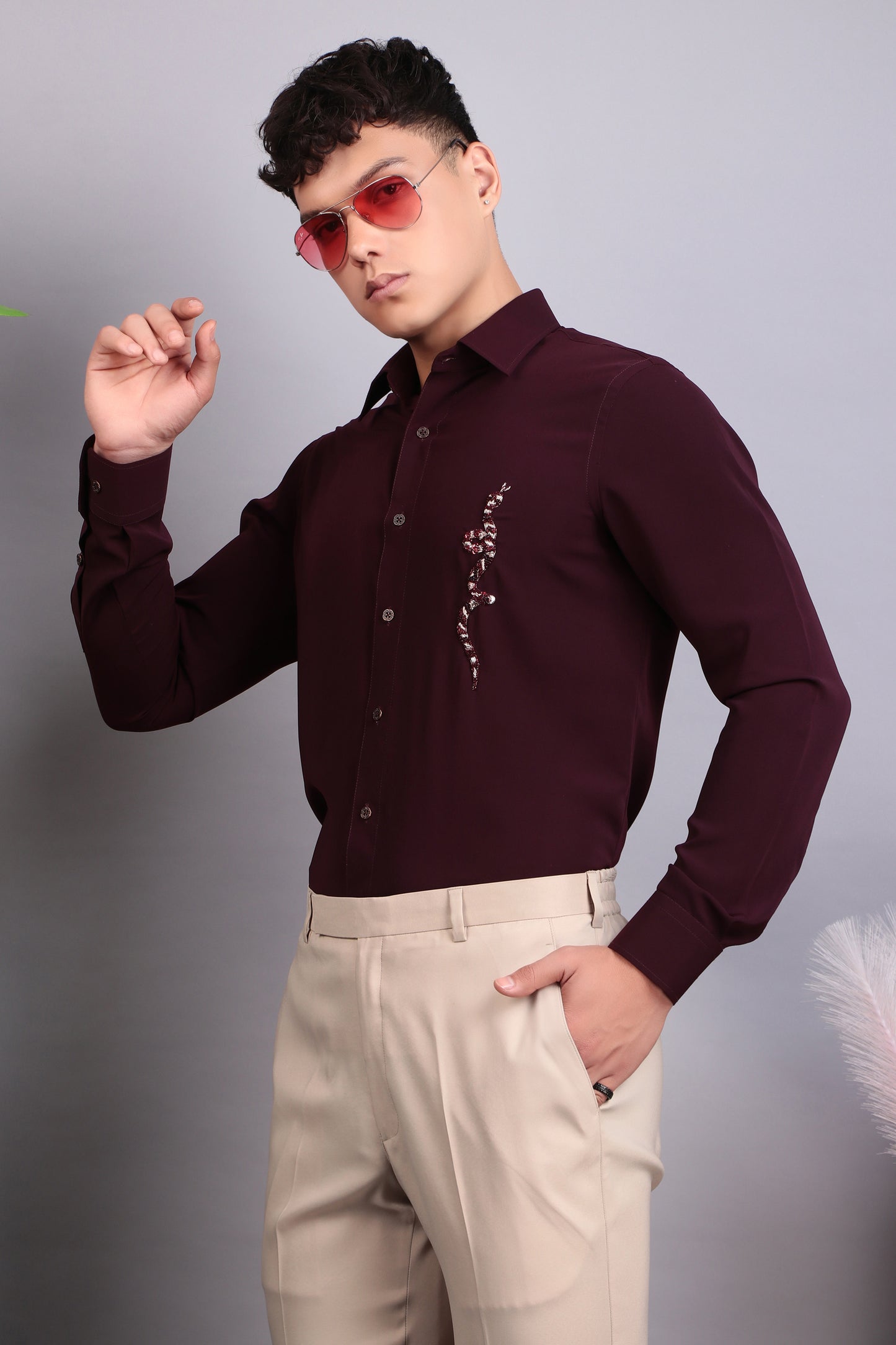 Men’s Shirt – Korean Wrinkle Free in Maroon with Snake Embroidery | One Man Show