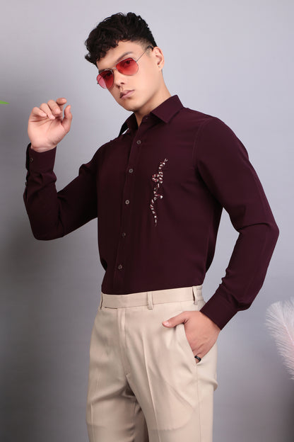 Men’s Shirt – Korean Wrinkle Free in Maroon with Snake Embroidery | One Man Show