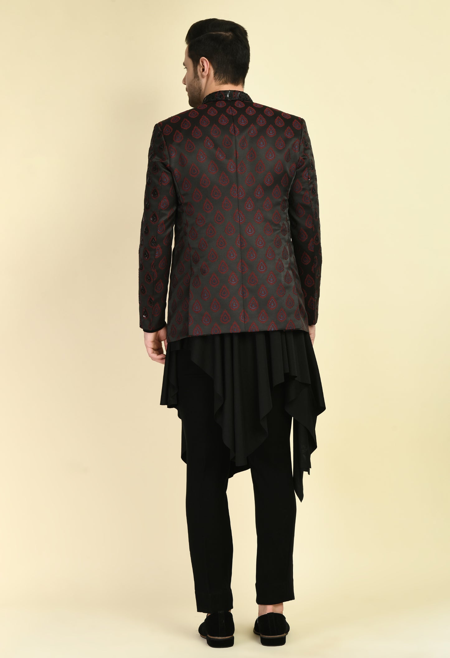 Detail view 4 - Men’s Indo-Western – Silk Jaquard in Black with Geometric Motif Embroidery