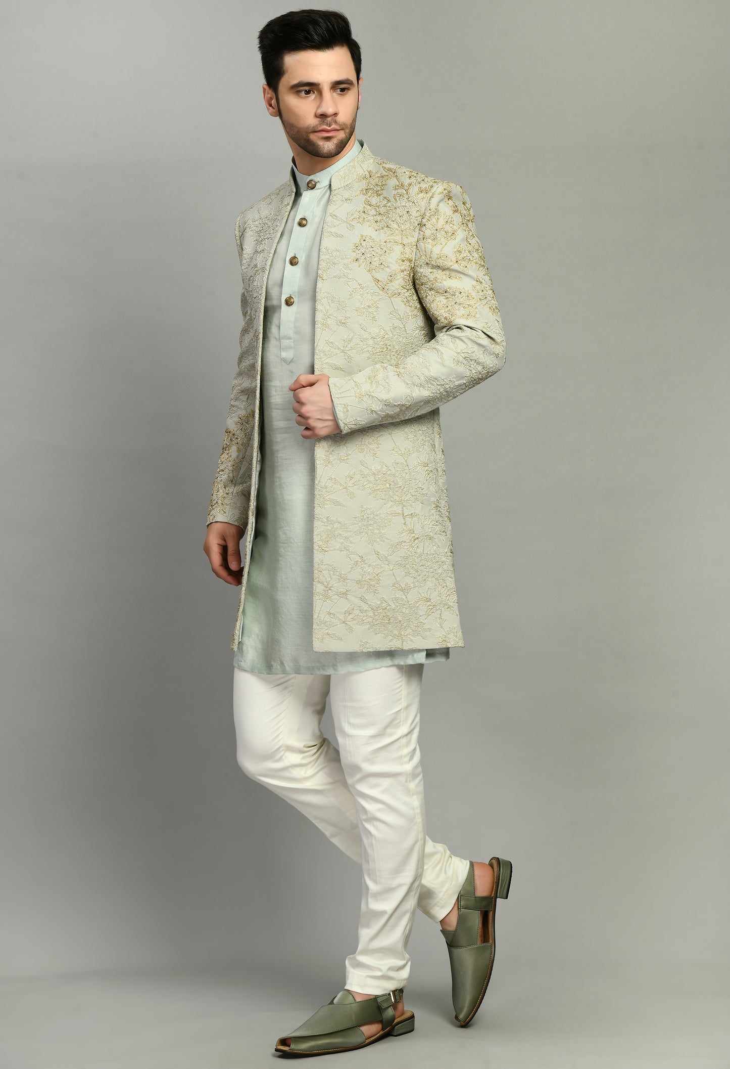 Detail view 1 - Men’s Indo-Western – Silk Jaquard in Green with Placement Embroidery