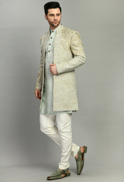 Men’s Indo-Western – Silk Jaquard in Green with Placement Embroidery | One Man Show