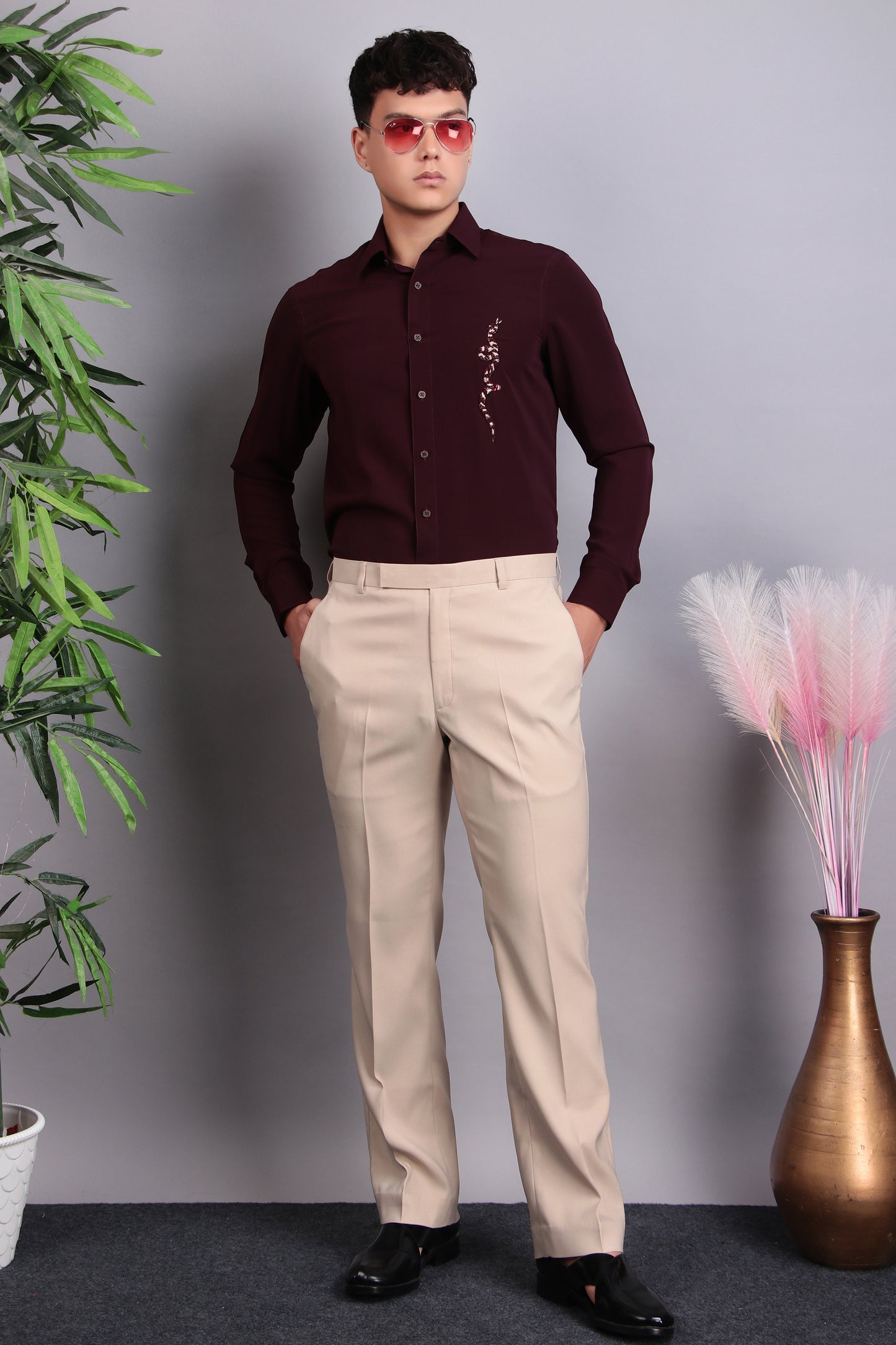 Detail view 4 - Men’s Shirt – Korean Wrinkle Free in Maroon with Snake Embroidery