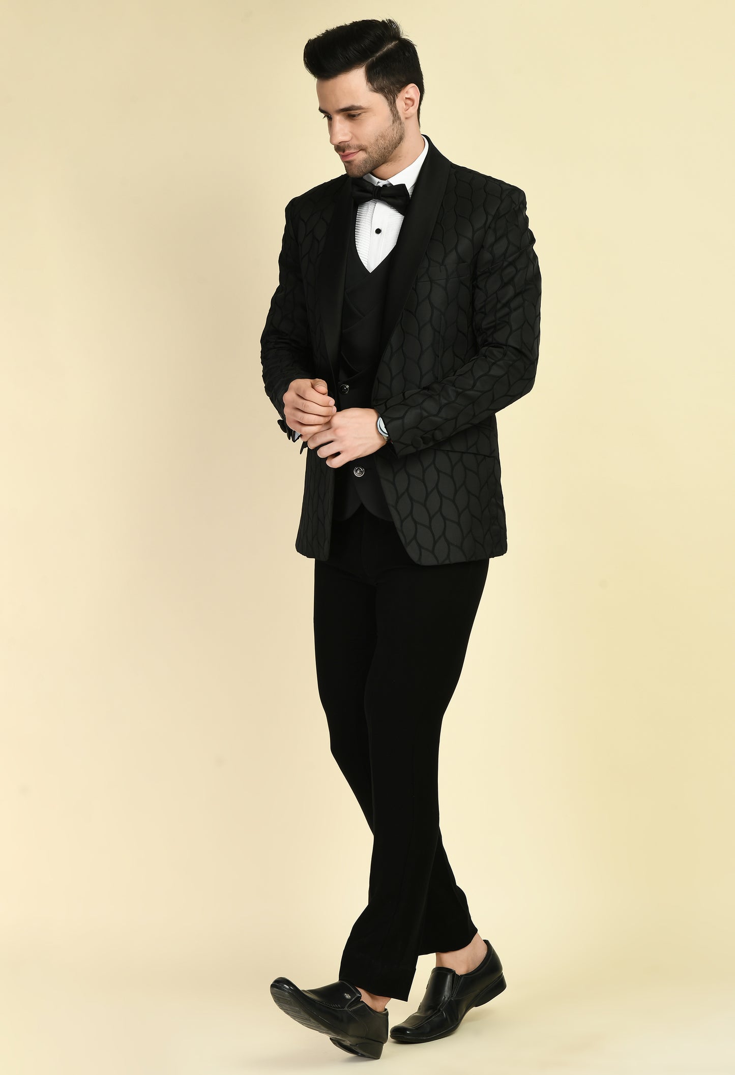 Front view - Men’s Tuxedo – Japanese Lycra in Black with Floral Jaquard Tuxedo Top