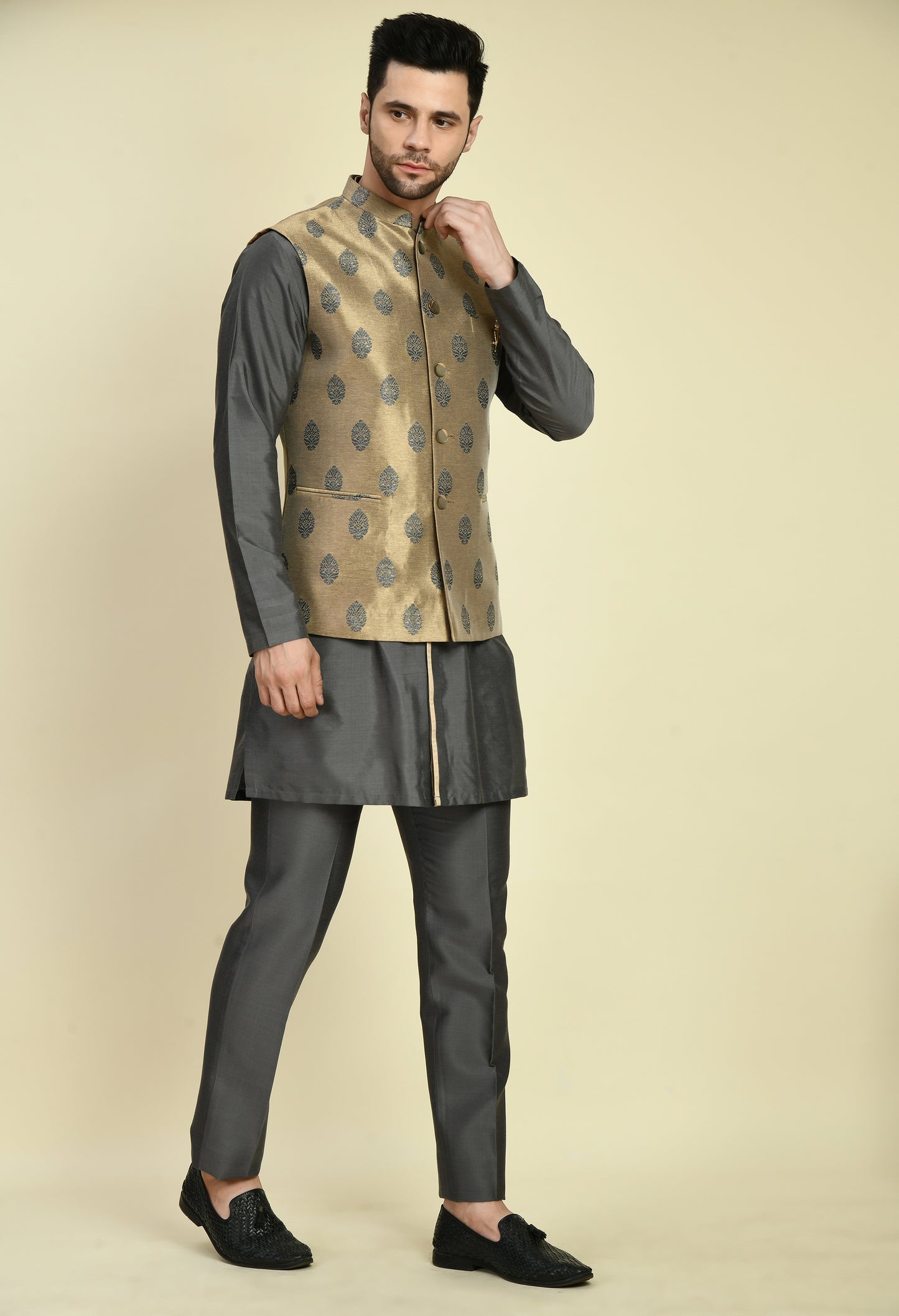 Back view - Men’s Nehru Jacket – Silk in Grey with Silk Jaquard Detail