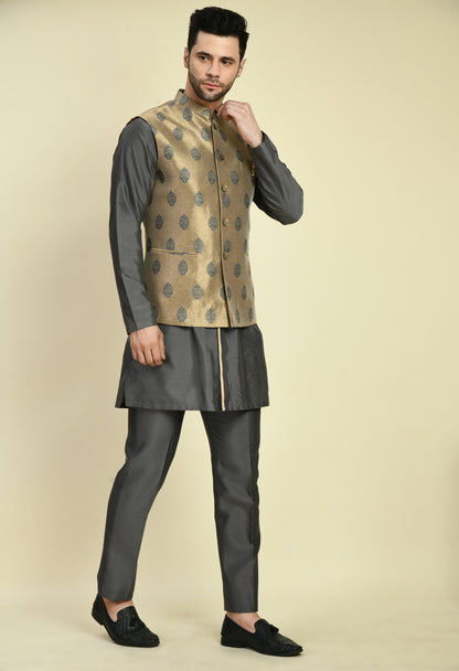 Men’s Nehru Jacket – Silk in Grey with Silk Jaquard Detail | One Man Show