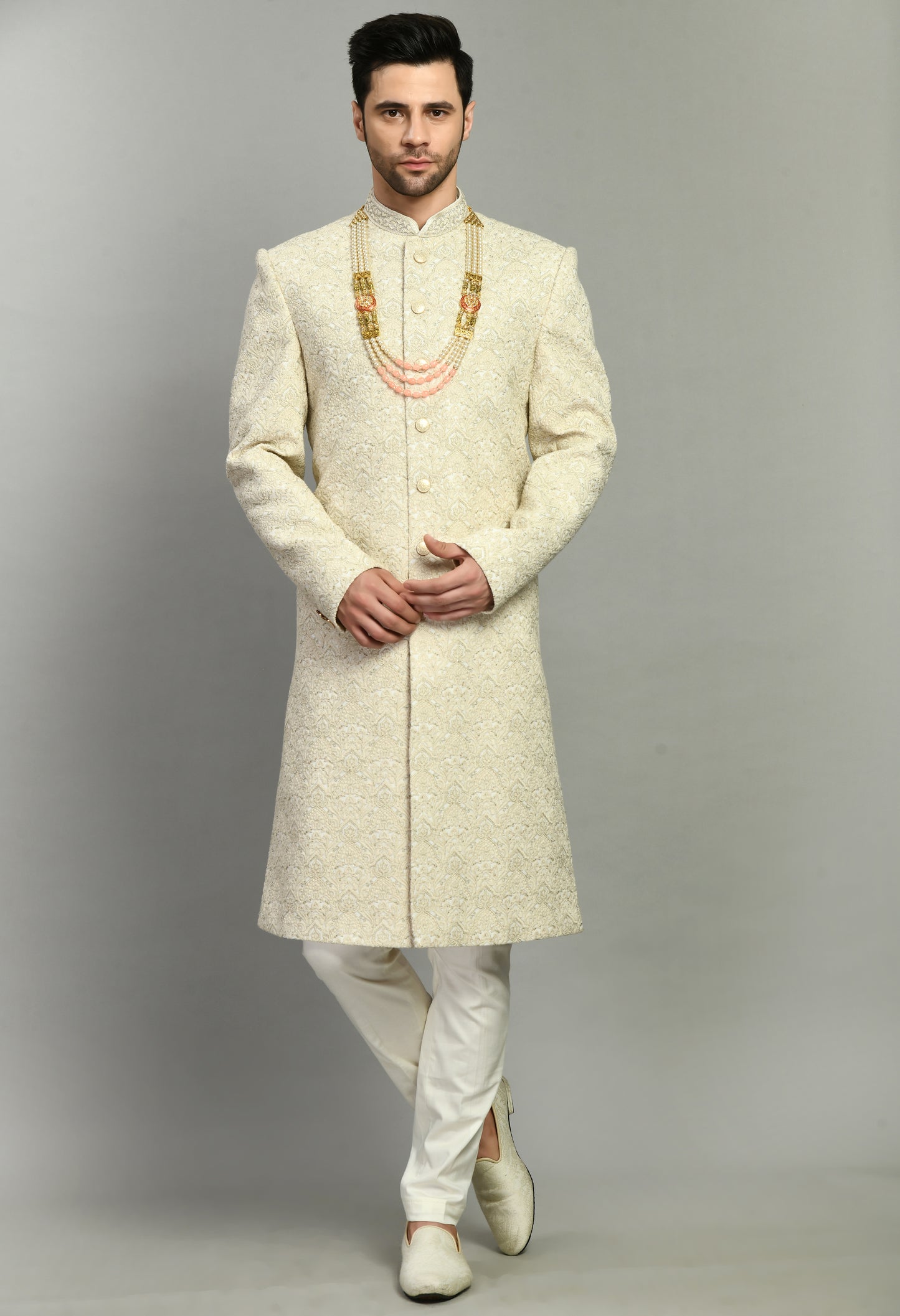 Front view - Men’s Sherwani – Silk in Cream with Detailed Hand Embroidery Allover