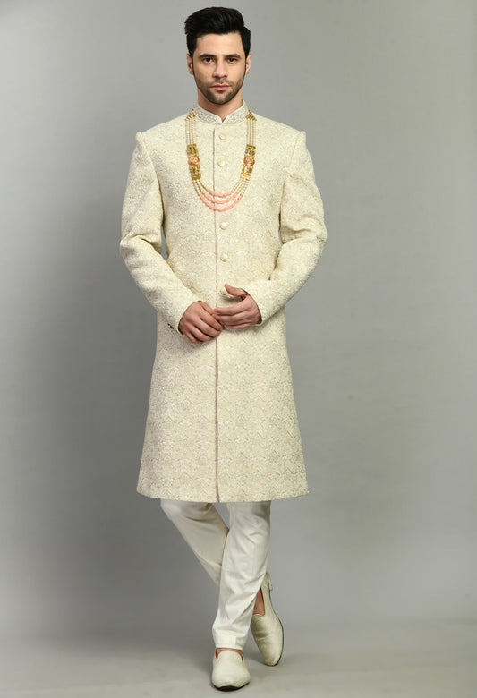 Front view - Men’s Sherwani – Silk in Cream with Detailed Hand Embroidery Allover