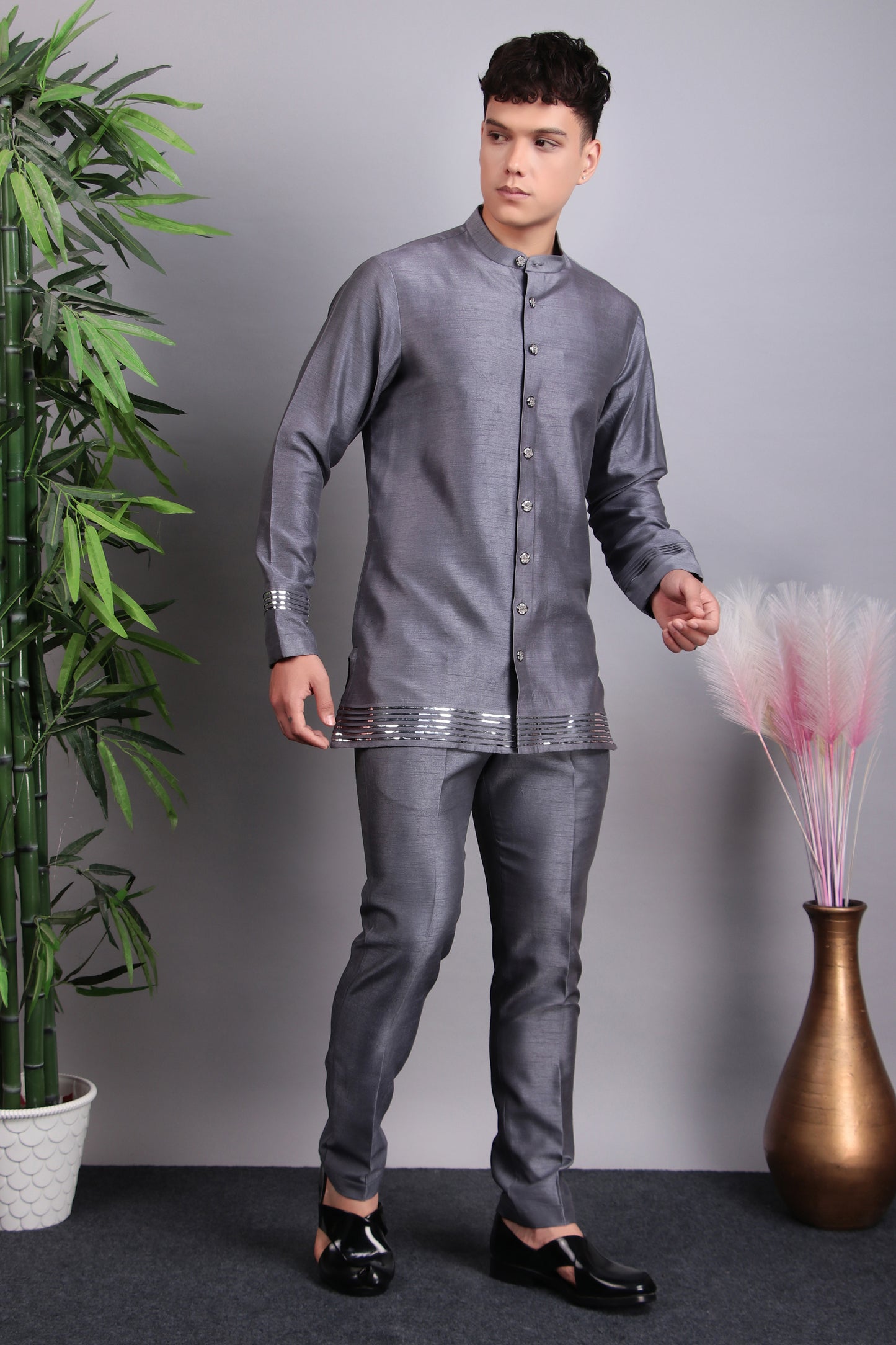 Back view - Men’s Nehru Jacket – Silk Embroidered Fabric in Grey with Multi Color Thread Embroidery