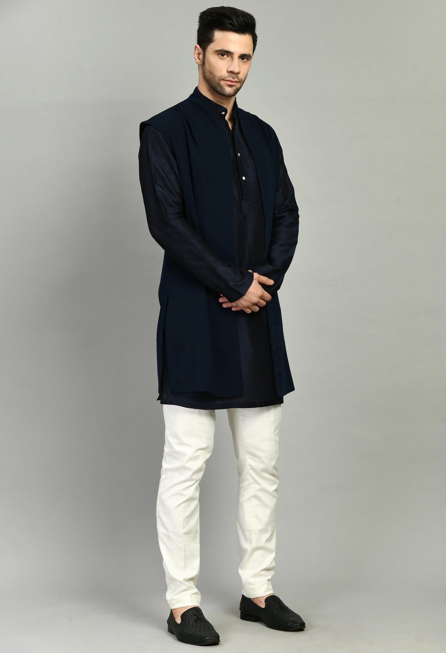 Side view - Men’s Nehru Jacket – Silk Modal in Navy Blue with Shurg Style Jacket