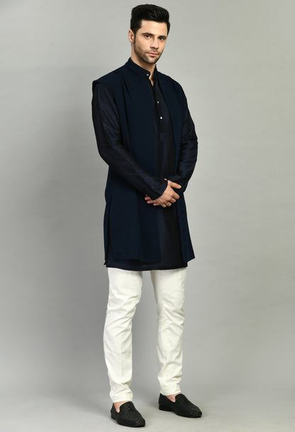 Men’s Nehru Jacket – Silk Modal in Navy Blue with Shurg Style Jacket | One Man Show