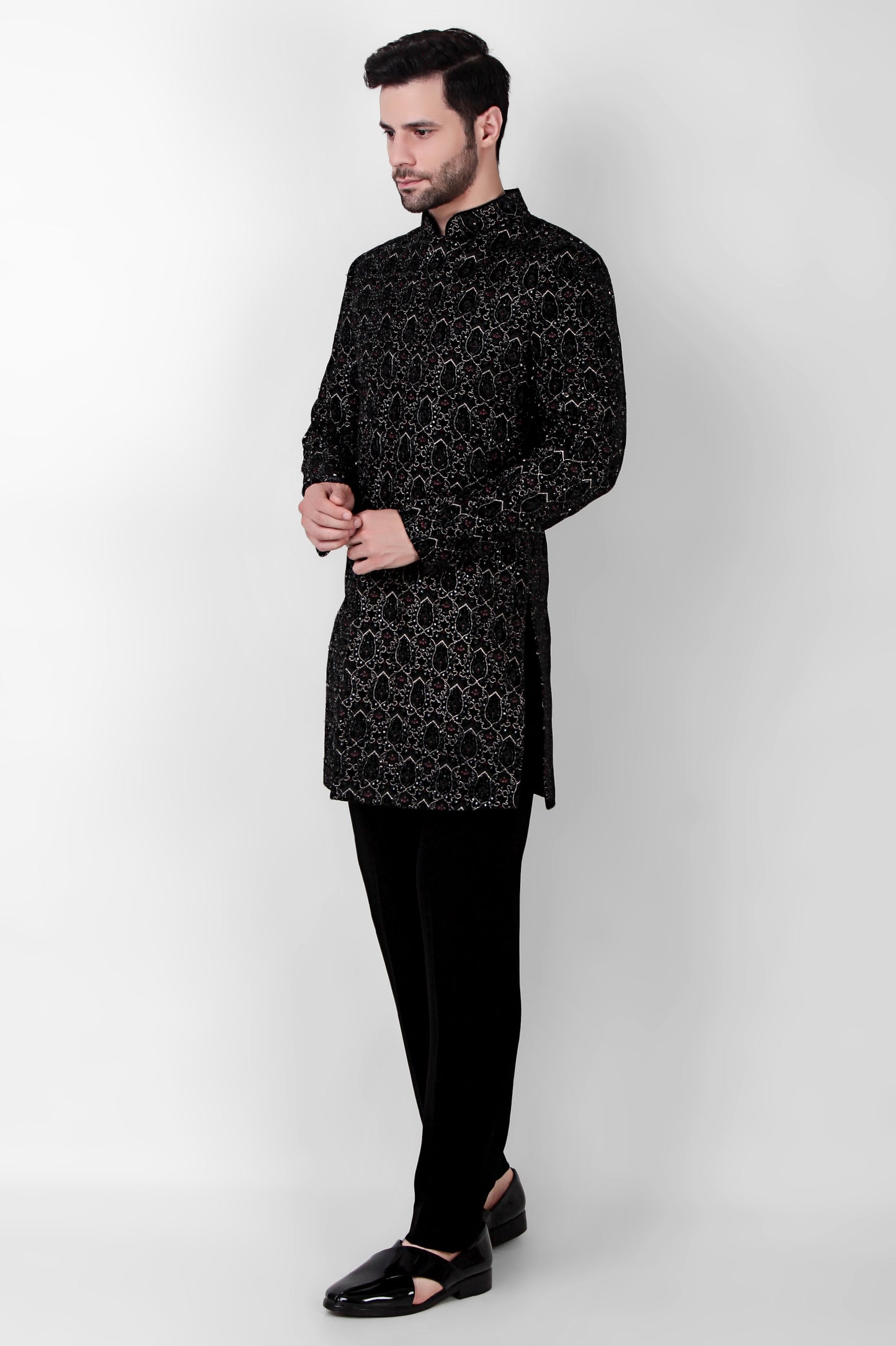 Back view - Men’s Indo-Western – Velvet in Multi Color with Geometric Silk Thread Embroidery