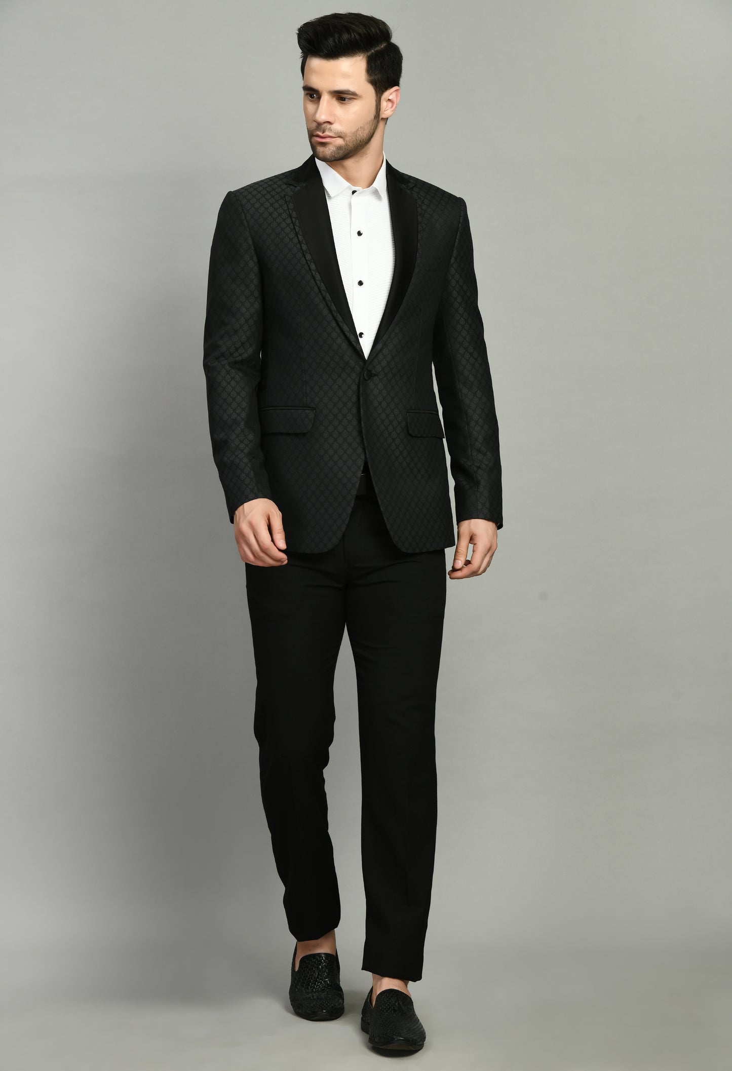 Detail view 2 - Men’s Tuxedo – Poly Jaquard in Black with Geometric Motif Tuxedo Blazer