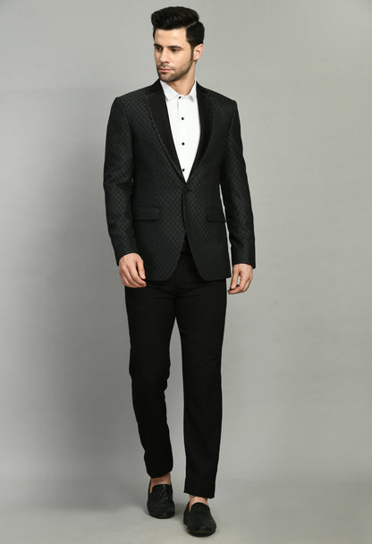 Men’s Tuxedo – Poly Jaquard in Black with Geometric Motif Tuxedo Blazer | One Man Show