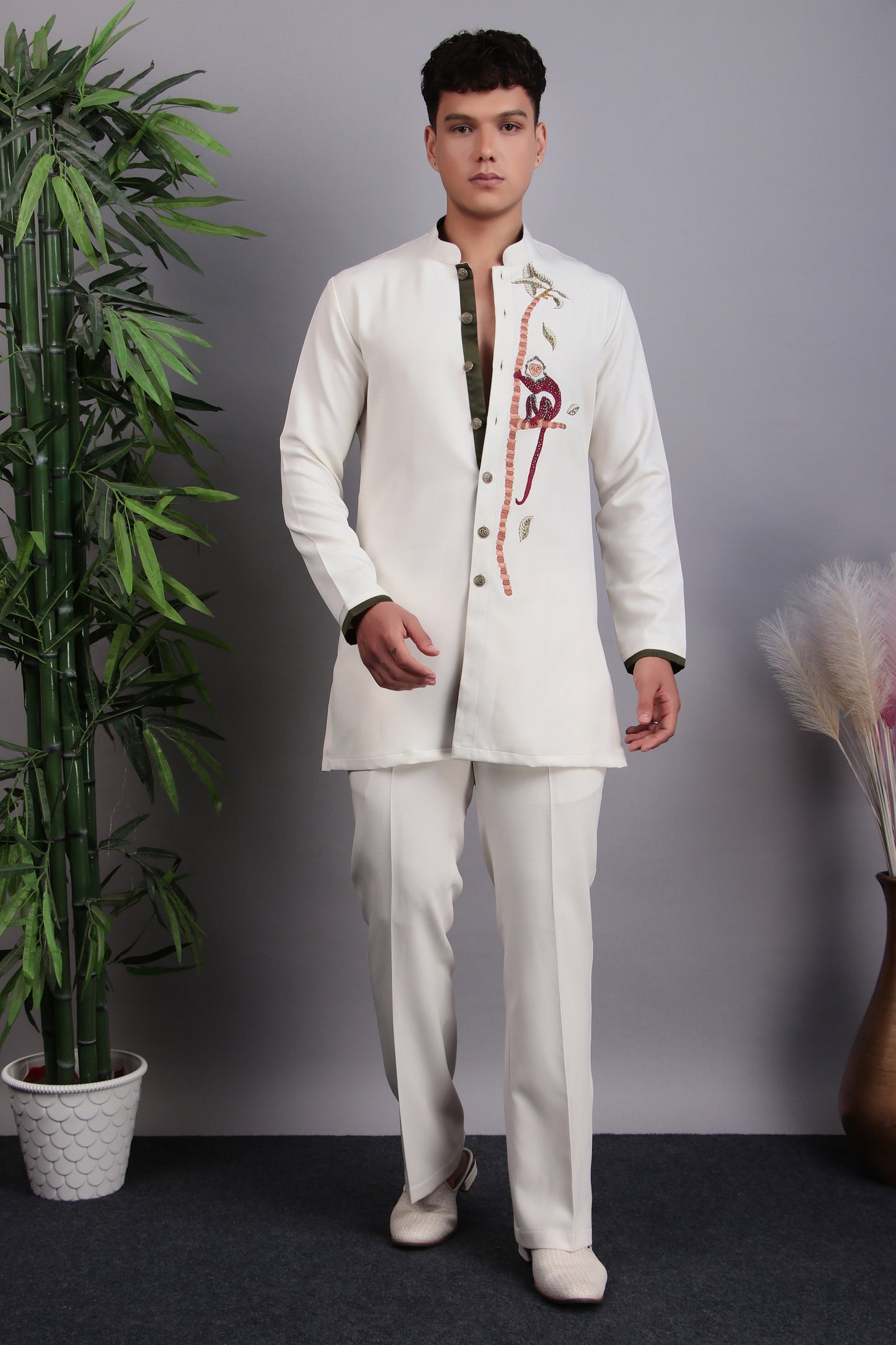 Back view - Men’s Kurta Set – Korean Wrinkle-Free in Cream with Glass Beads & Silk Thread Embroidery