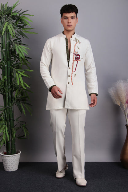 Men’s Kurta Set – Korean Wrinkle-Free in Cream with Glass Beads & Silk Thread Embroidery | One Man Show