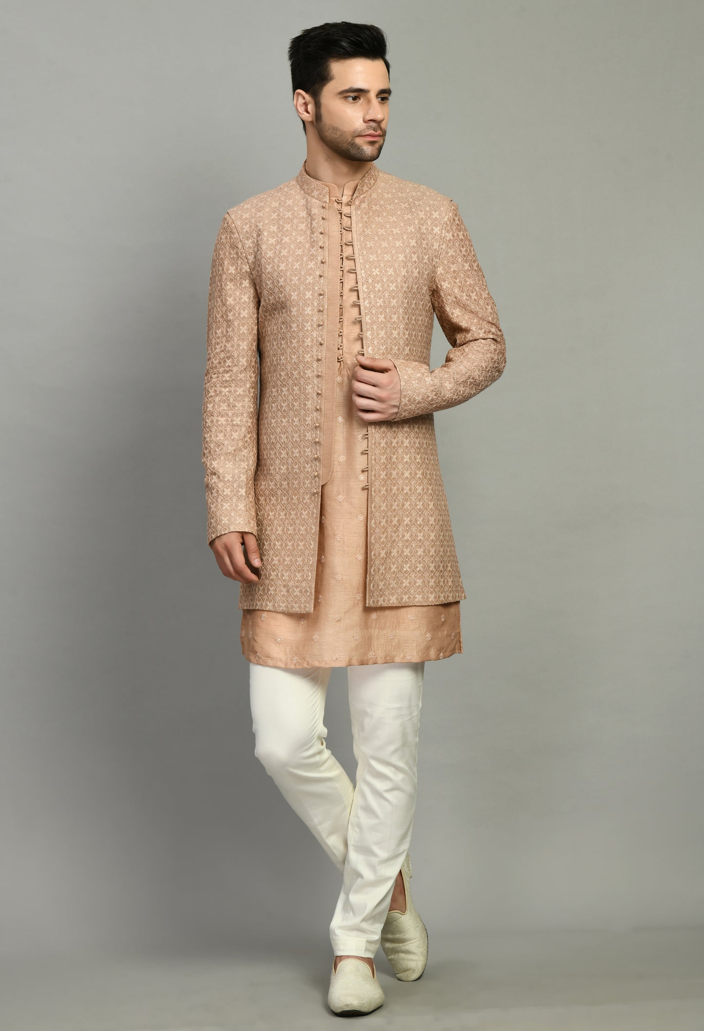 Men’s Nehru Jacket – Silk Georgette in Light Brown with Designer Kurta Sleeve | One Man Show
