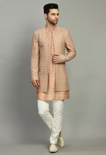 Men’s Nehru Jacket – Silk Georgette in Light Brown with Designer Kurta Sleeve | One Man Show