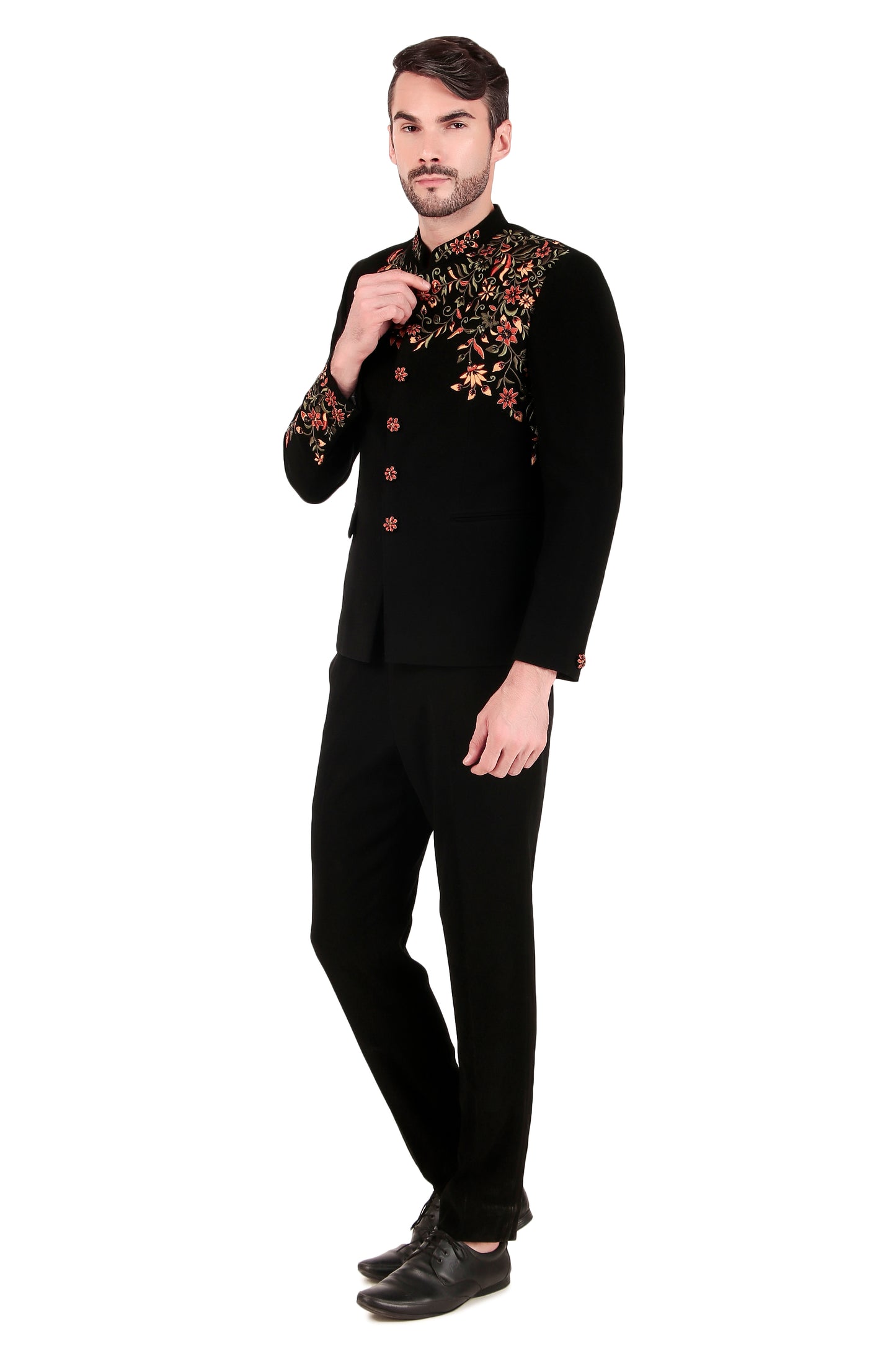 Detail view 2 - Men’s Bandhgala – Japanese Lycra in Black with Angrakha Bandhgala & Silk Thread Embroidery