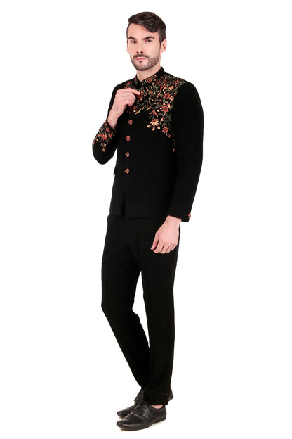 Men’s Bandhgala – Japanese Lycra in Black with Angrakha Bandhgala & Silk Thread Embroidery | One Man Show