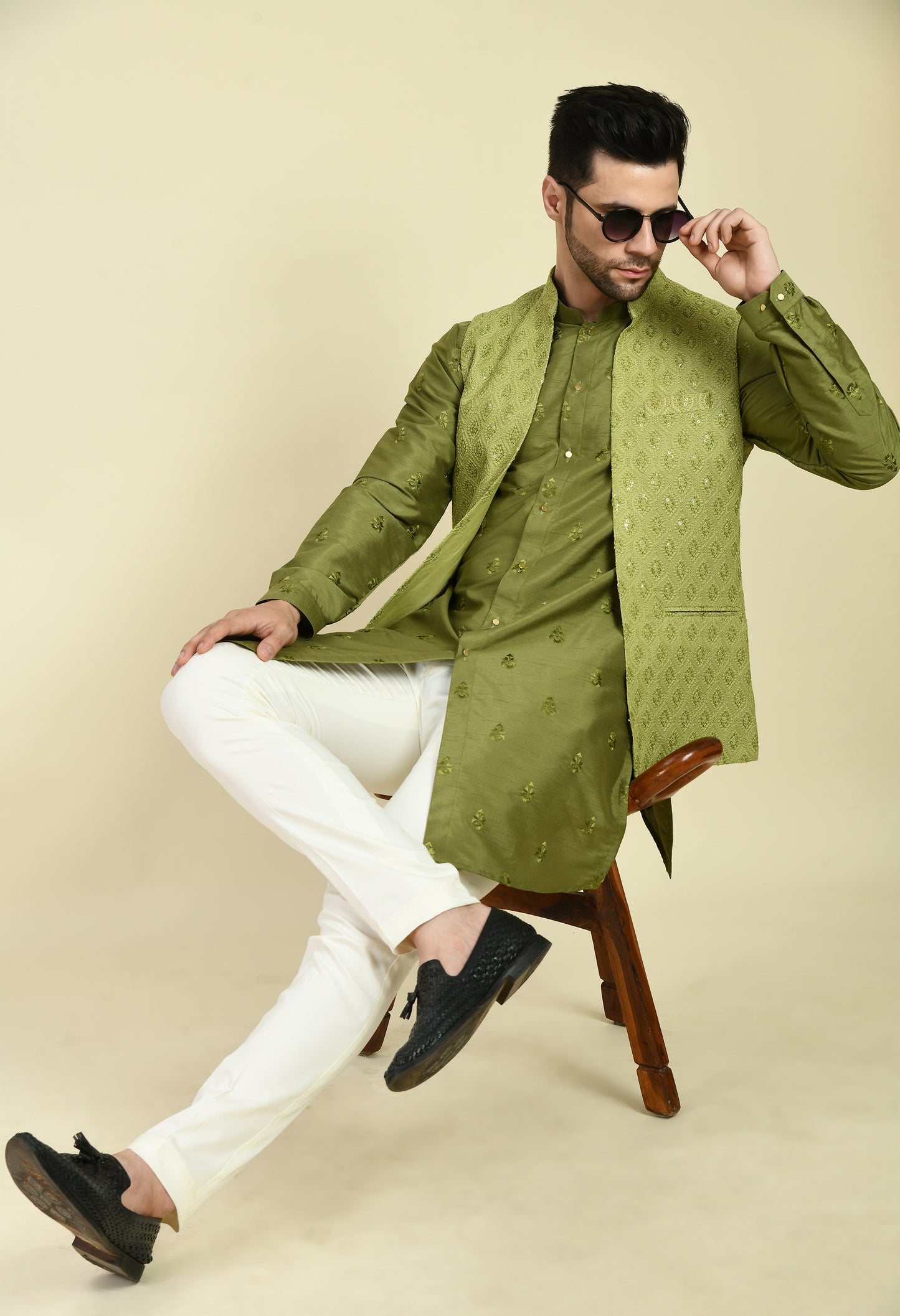 Front view - Men’s Nehru Jacket – Silk Georgette in Green with Silk Thread Embroidery