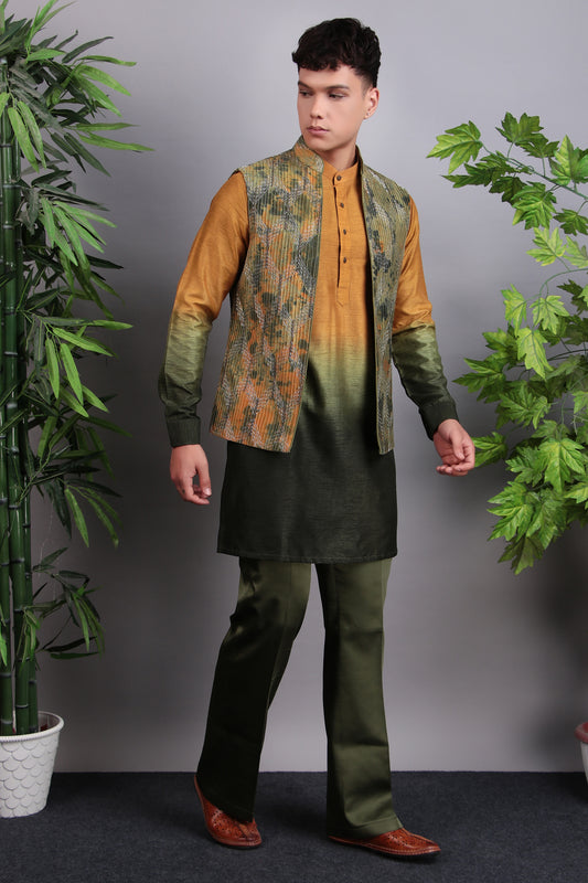 Front view - Men’s Nehru Jacket – Viscose Silk in Green and Yellow with Ombre Dye and Hand Embroidery