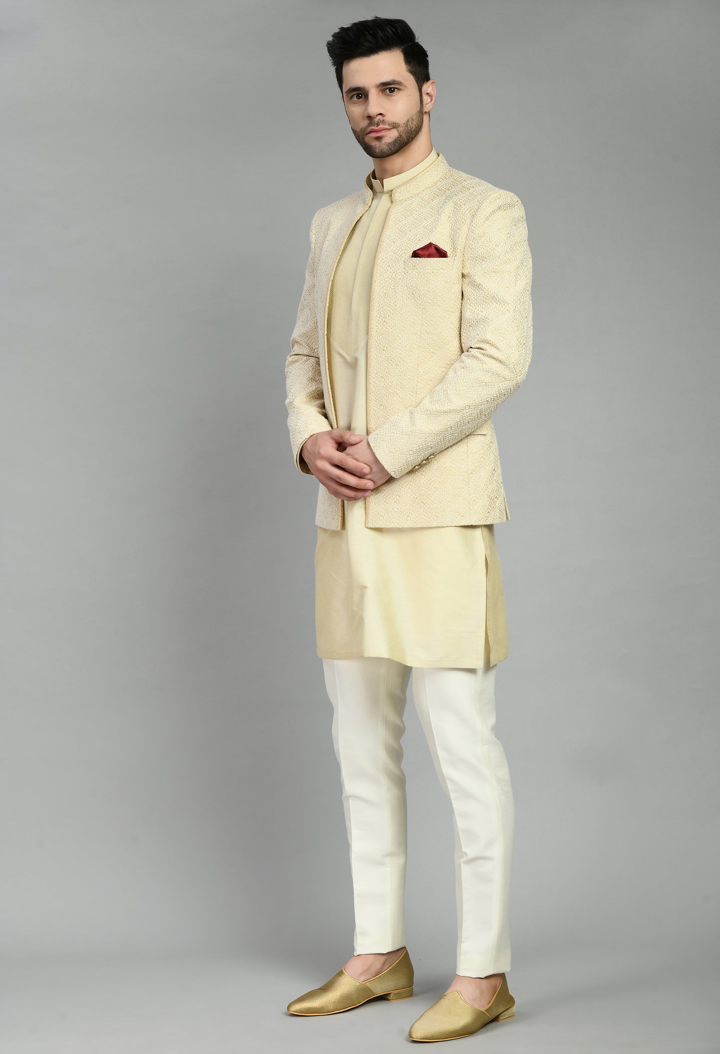 Detail view 3 - Men’s Indo-Western – Silk Kurta in Cream with Silk Thread Embroidery