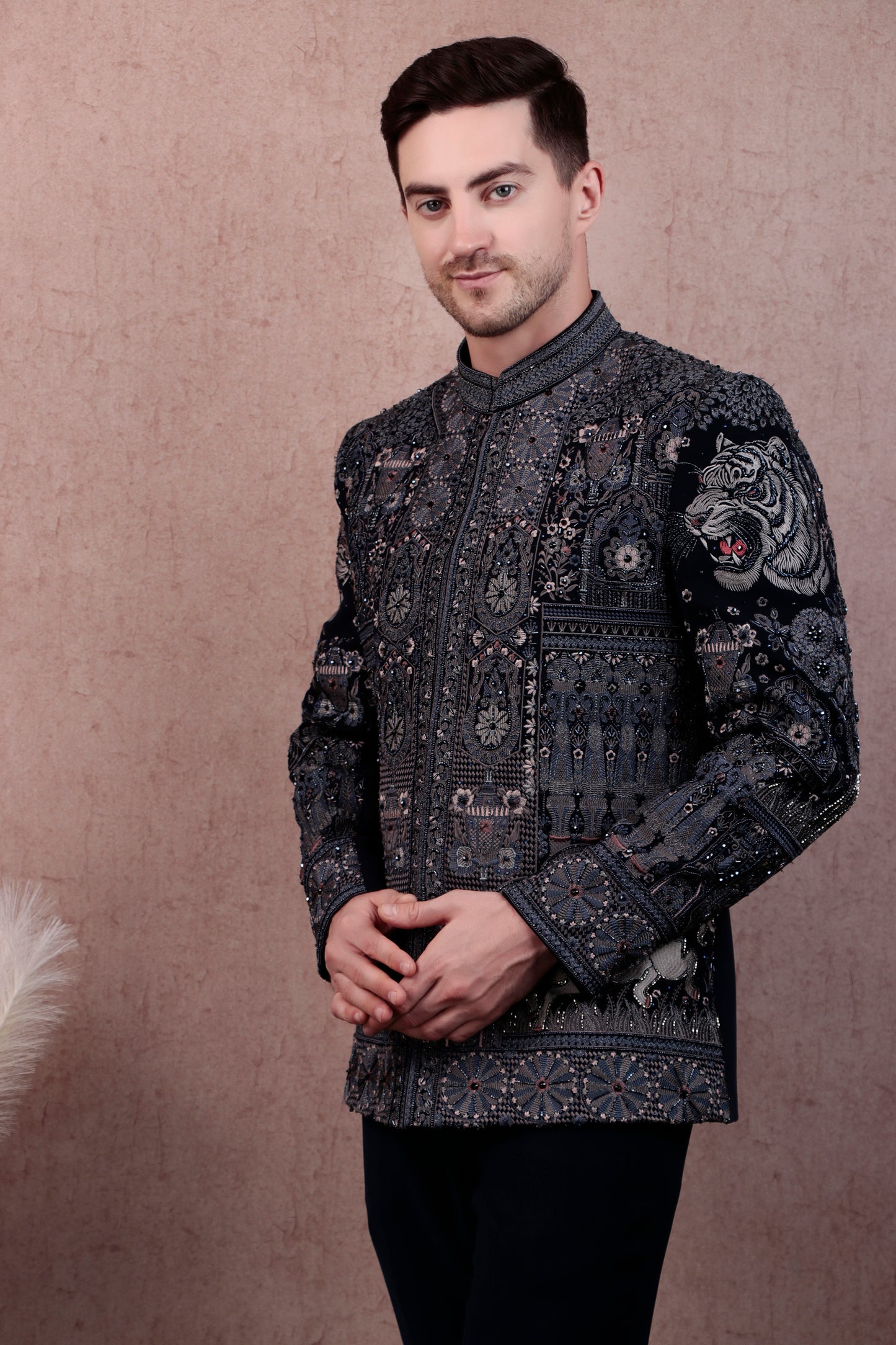 Detail view 1 - Men’s Bandhgala – Japanese Lycra in Navy Blue with Theme Embroidery Nature