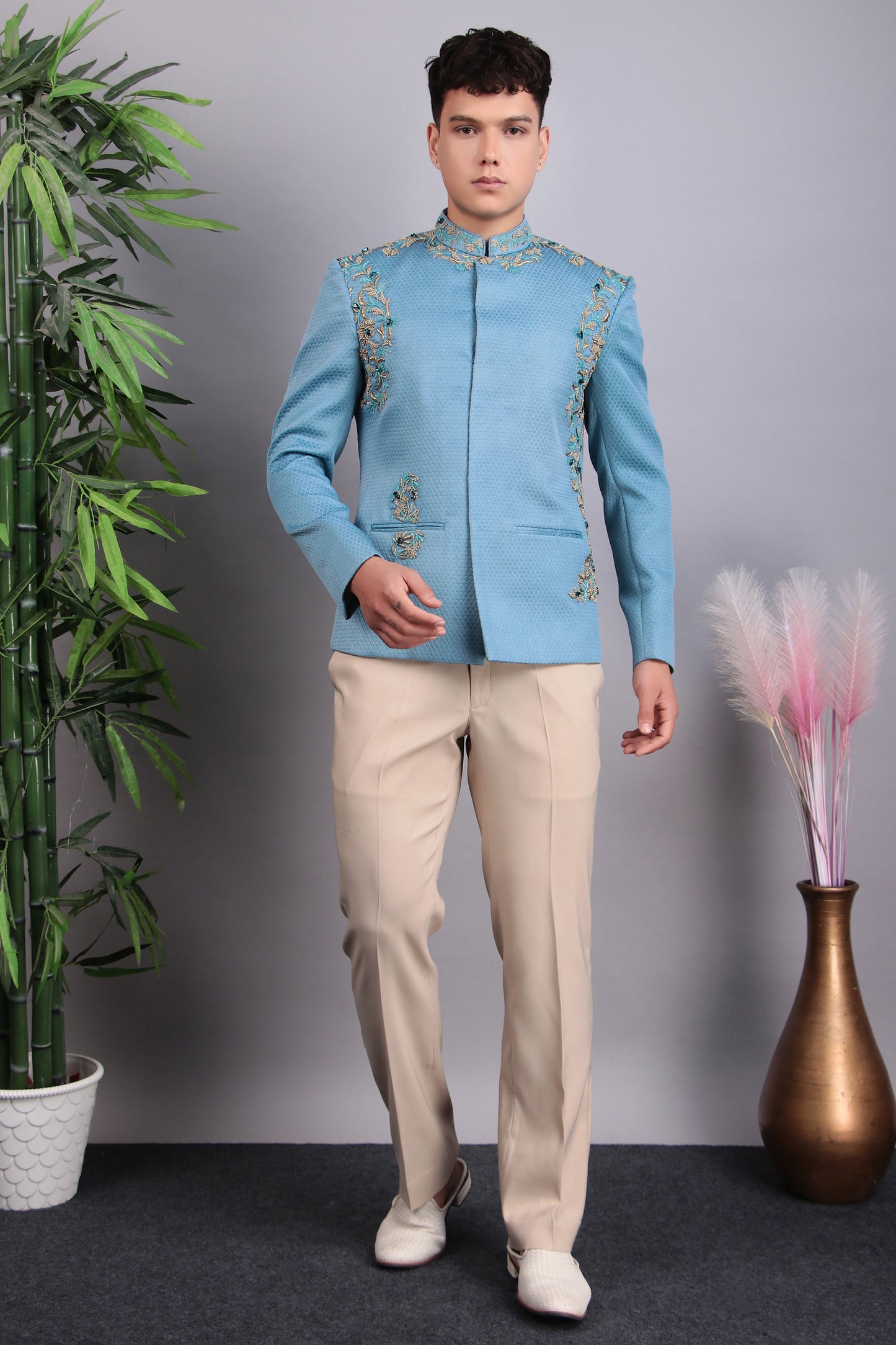Detail view 1 - Men’s Bandhgala – Poly Jaquard in Blue with Hand Embroidery