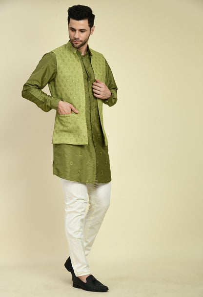 Men’s Nehru Jacket – Silk Georgette in Green with Silk Thread Embroidery | One Man Show