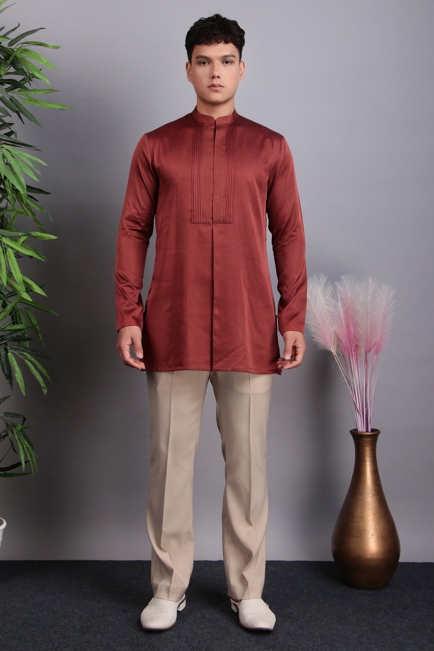 Men’s Indo-Western – Velvet Embroidered Fabric in Peach with Geometric Hand Embroidery | One Man Show