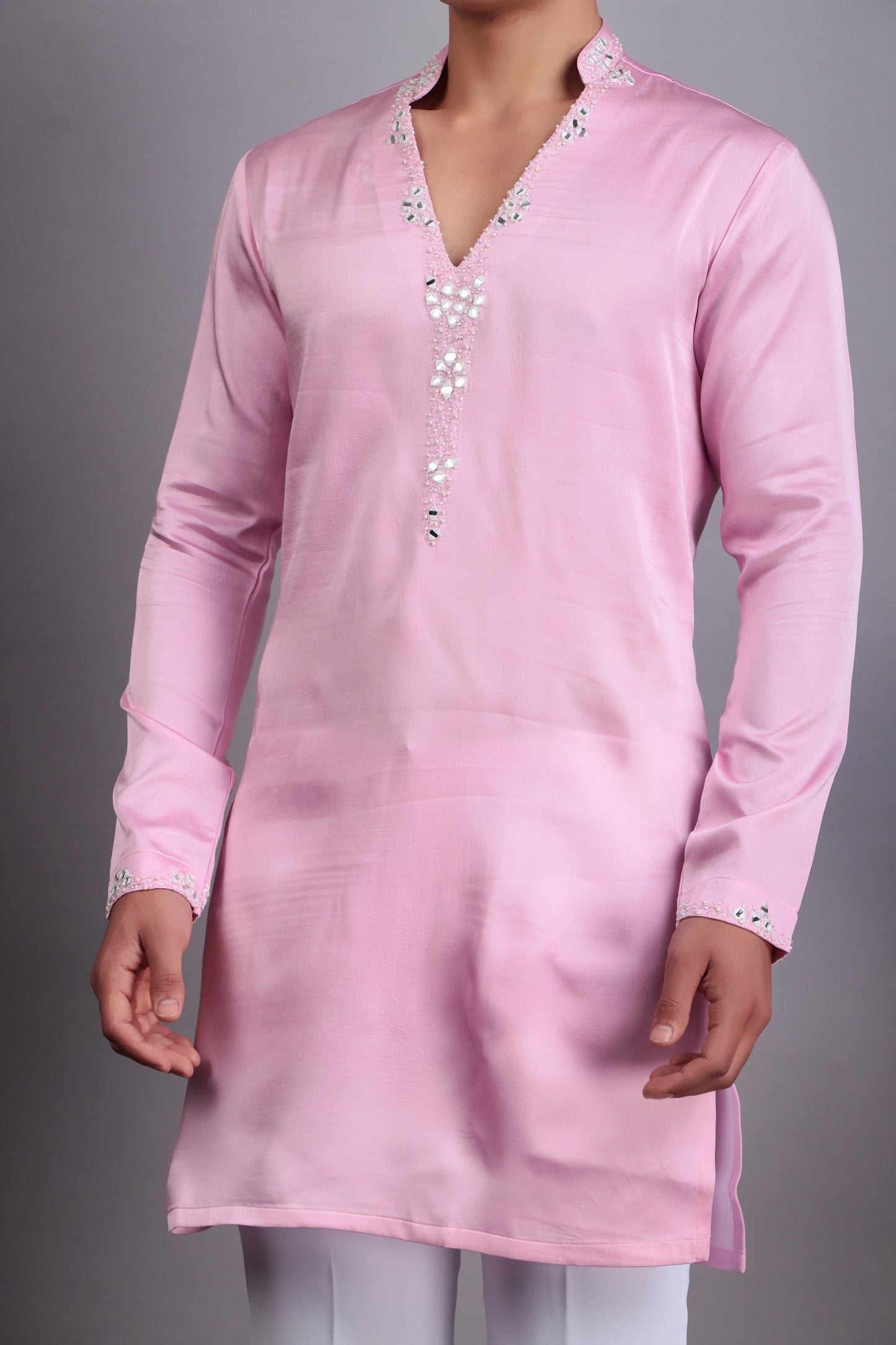Detail view 4 - Men’s Kurta Set – Modal Satin in Pink with Tie and Dye & Silk Thread Embroidery