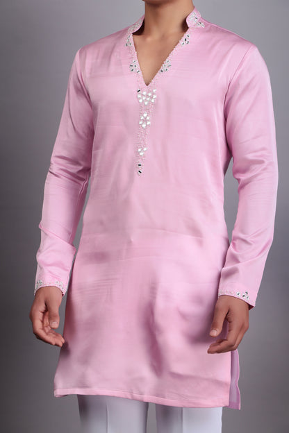 Men’s Kurta Set – Modal Satin in Pink with Tie and Dye & Silk Thread Embroidery | One Man Show