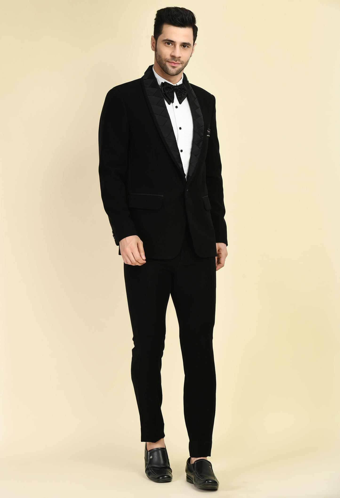 Front view - Men’s Tuxedo – Japanese Lycra in Black with Woven Satin Strips Design