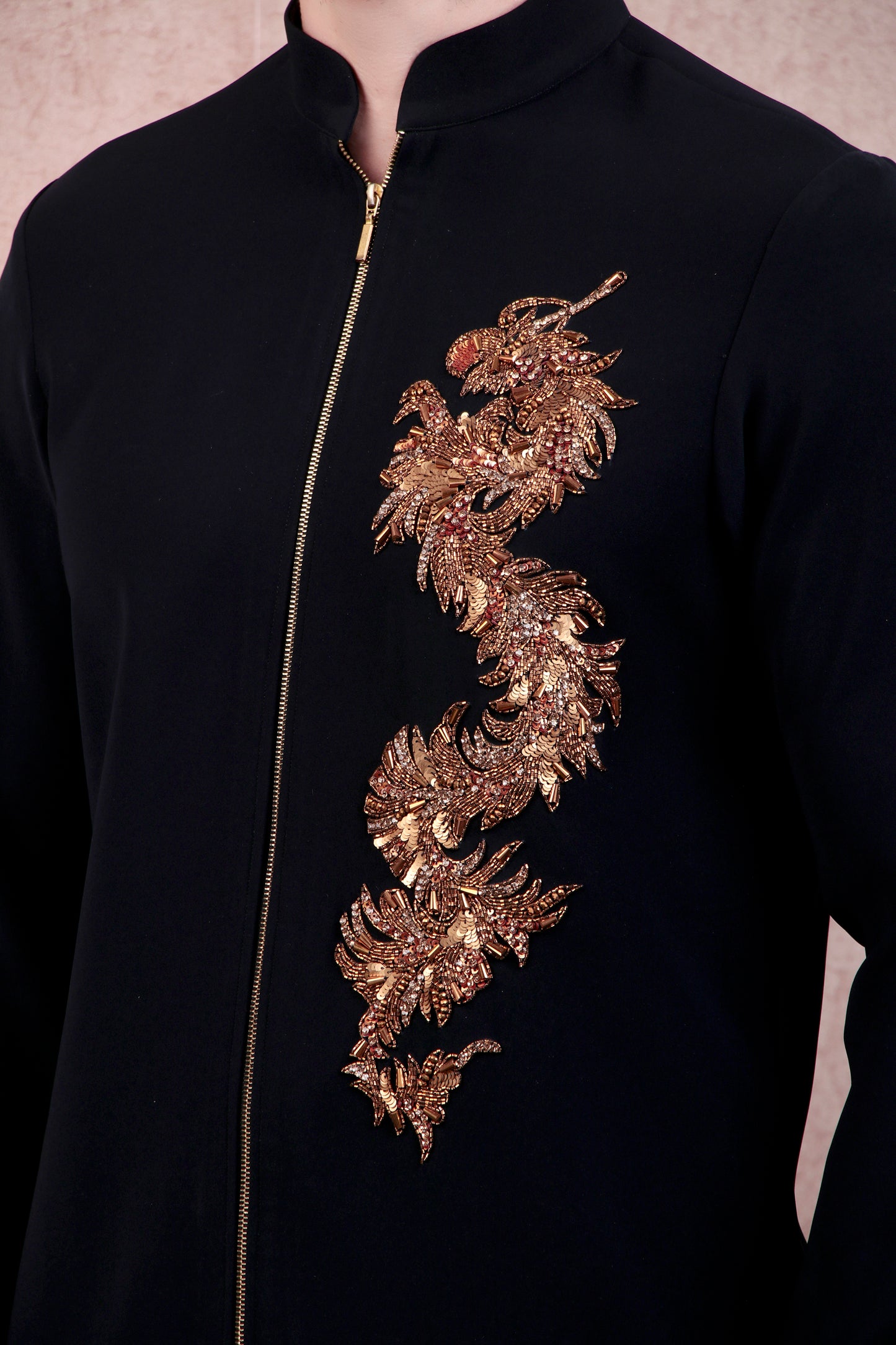 Detail view 1 - Men’s Kurta Set – Japanese Lycra Zip Front in Black with Zari Motif