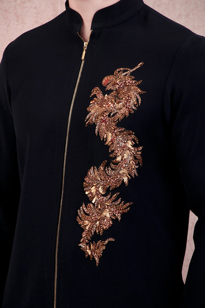 Men’s Kurta Set – Japanese Lycra Zip Front in Black with Zari Motif | One Man Show