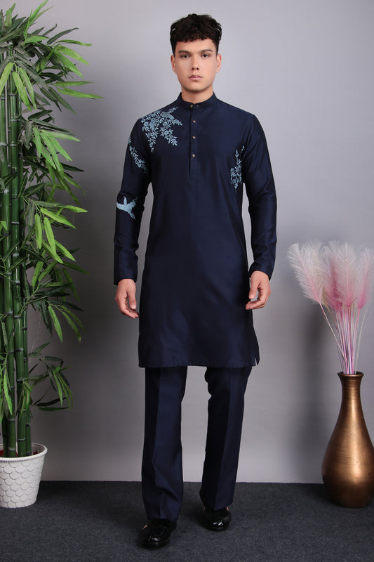Men’s Kurta Set – Silk in Blue with Blue Silk Thread Placement Embroidery | One Man Show