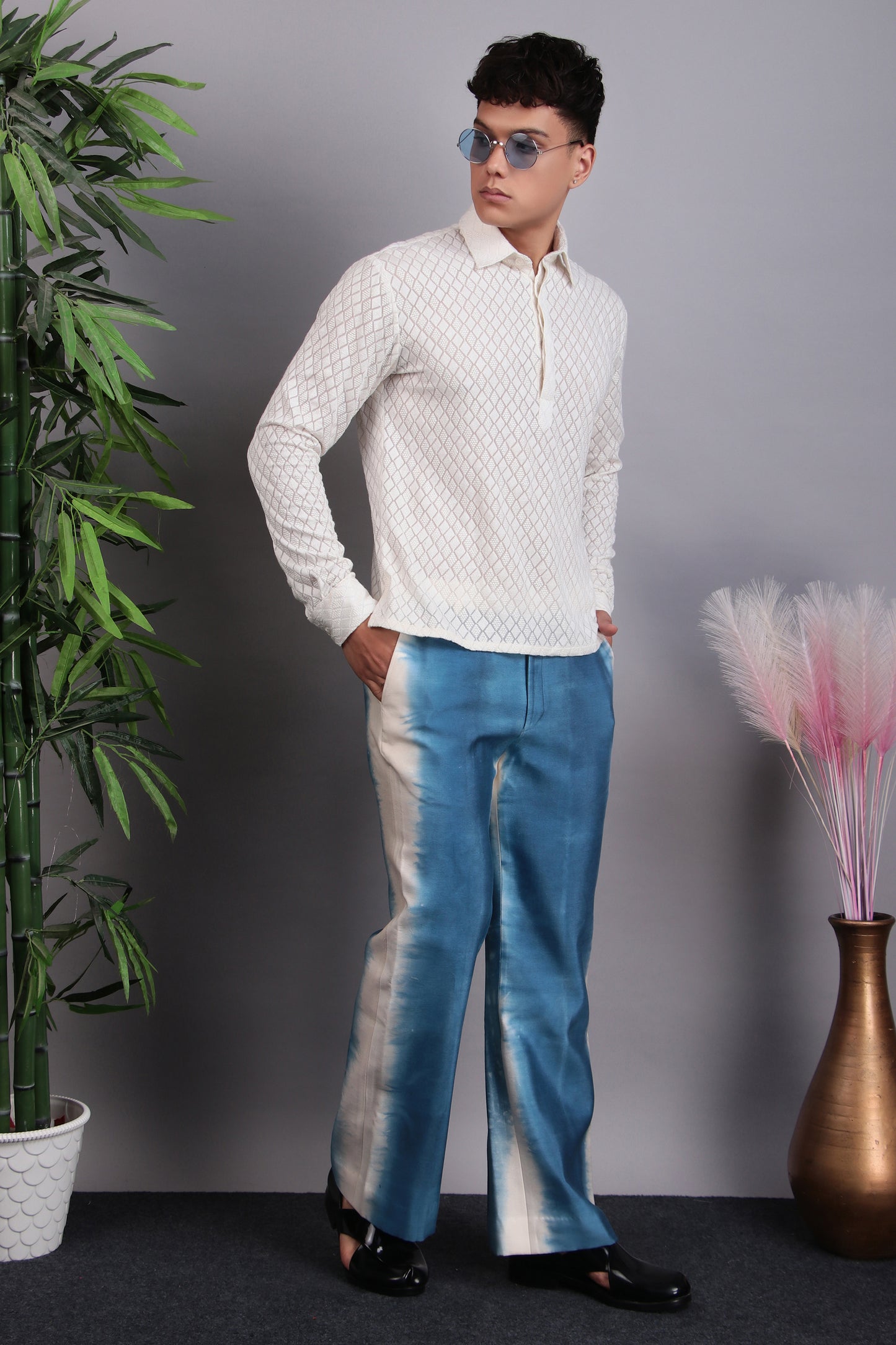 Detail view 4 - Men’s Kurta Set – Viscose Georgette in White with Tie Pants