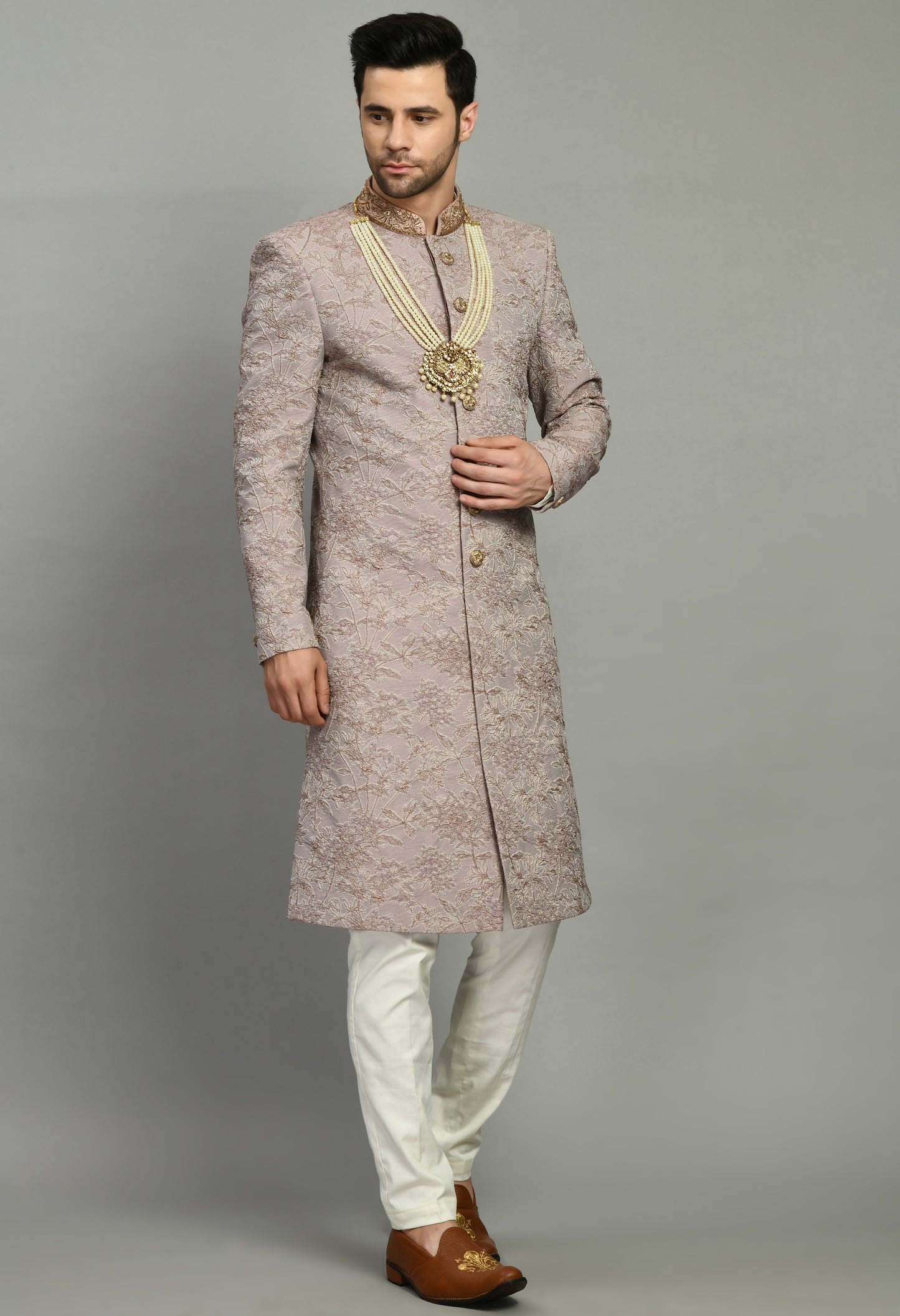 Front view - Men’s Sherwani – Silk in Pink with Detailed Hand Embroidery Allover