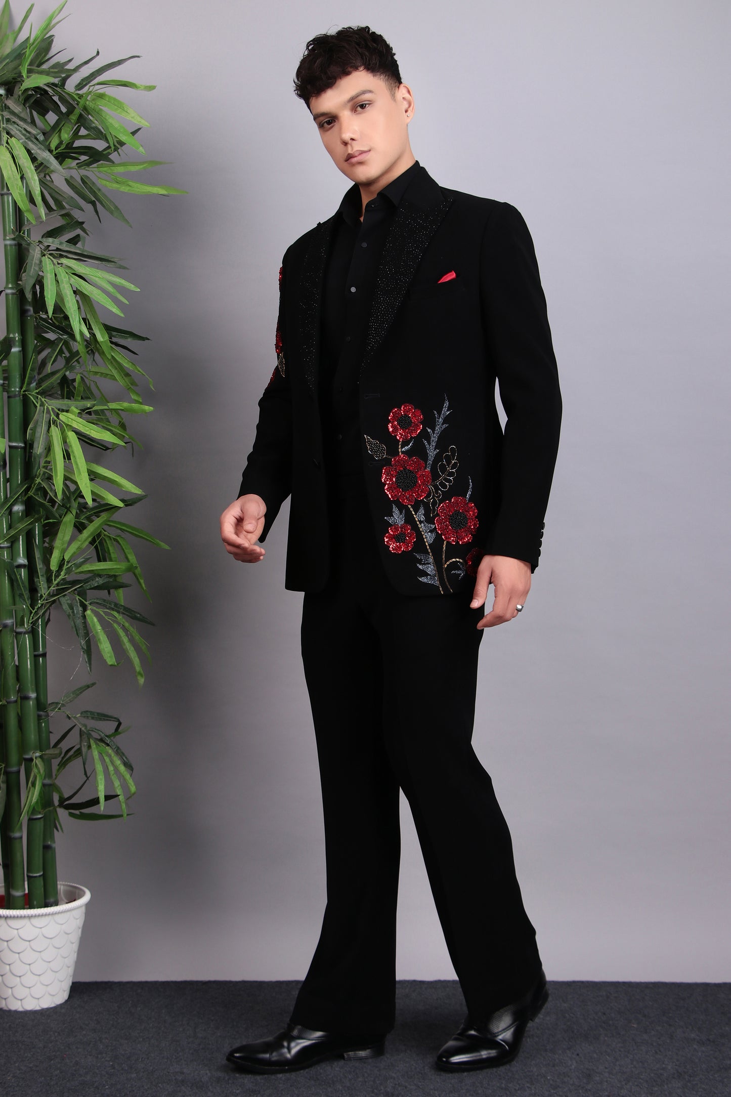 Front view - Men’s Tuxedo – Japanese Lycra in Black with Pintex & Beads Embroidery