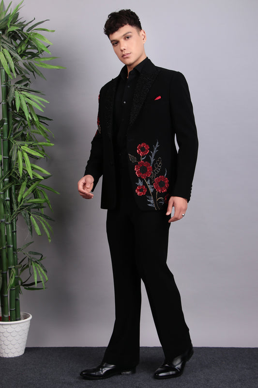 Men’s Tuxedo – Japanese Lycra in Black with Pintex & Beads Embroidery | One Man Show