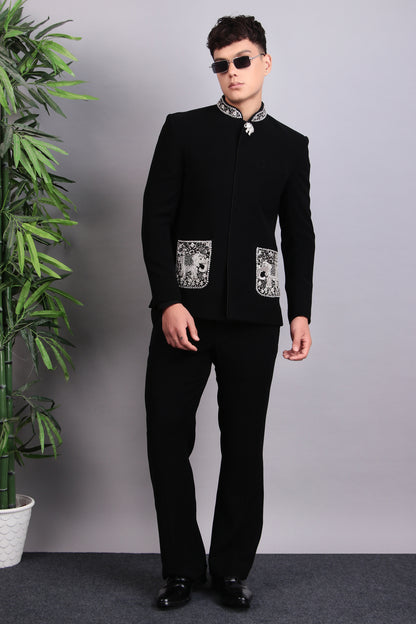 Men’s Bandhgala – Japanese Lycra in Black with Silver Silk Thread, Zari and Stones Embroidery | One Man Show