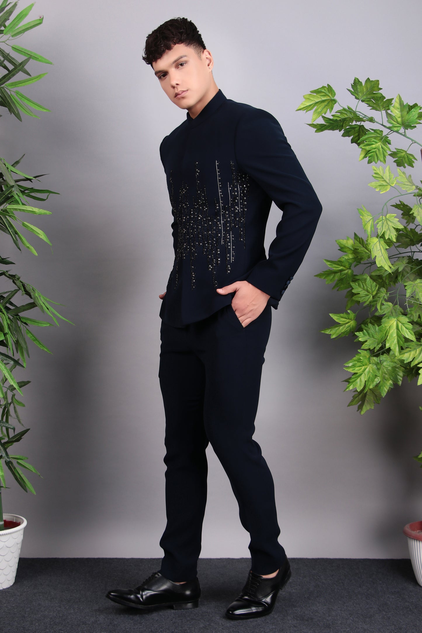Detail view 1 - Men’s Bandhgala – Japanese Lycra in Navy Blue with Hand Embroidery