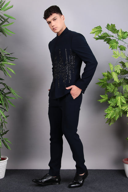 Men’s Bandhgala – Japanese Lycra in Navy Blue with Hand Embroidery | One Man Show
