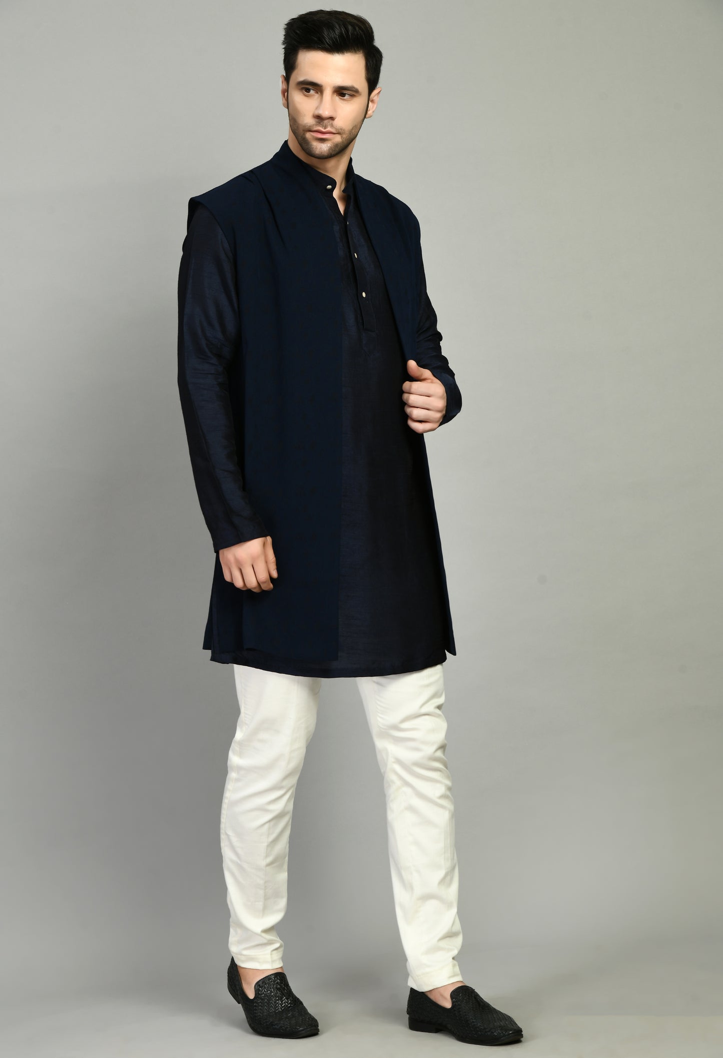 Back view - Men’s Nehru Jacket – Silk Modal in Navy Blue with Shurg Style Jacket