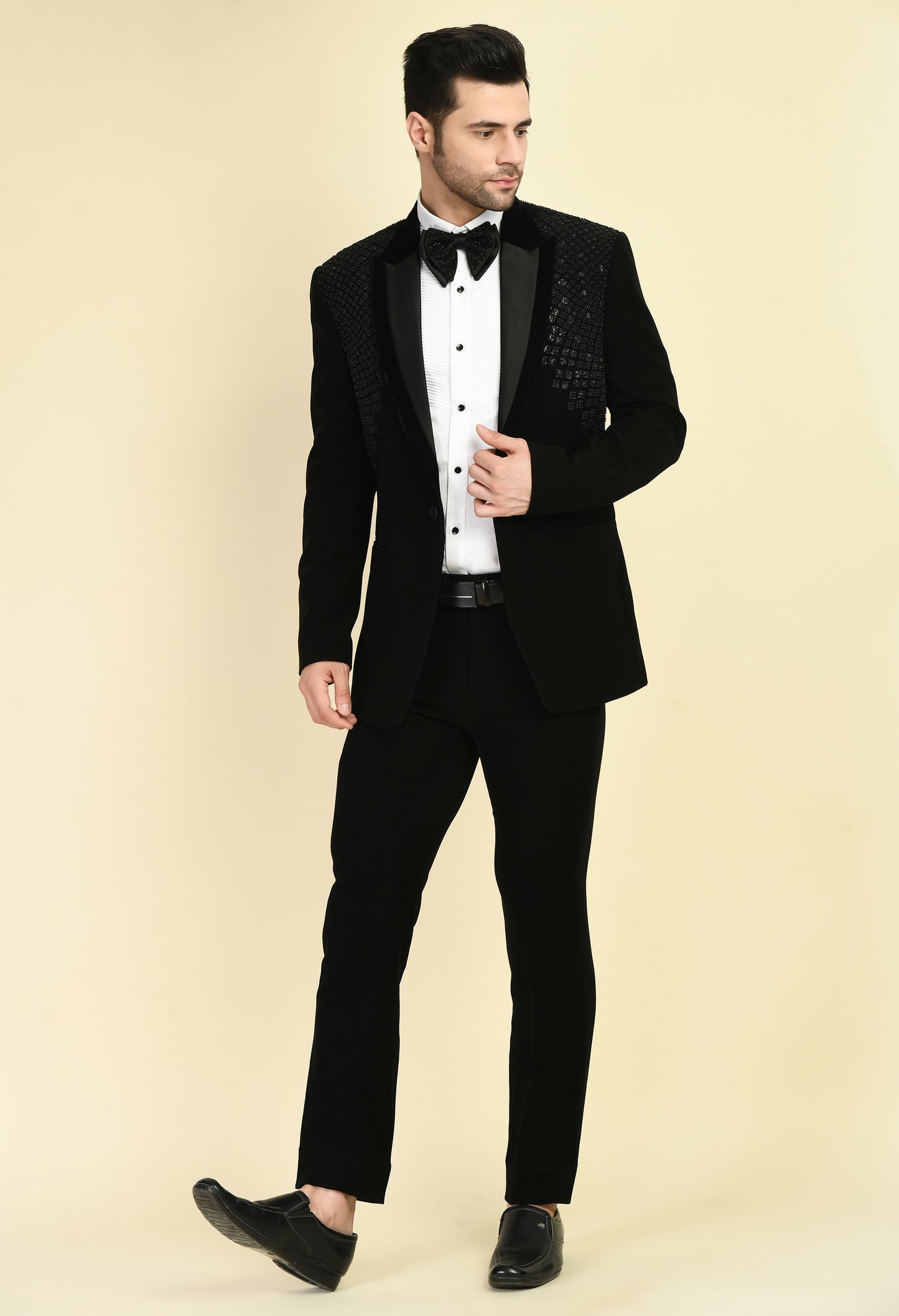 Front view - Men’s Tuxedo – Japanese Lycra in Black with Geometric Beads, Stone and Sequins Embroidery