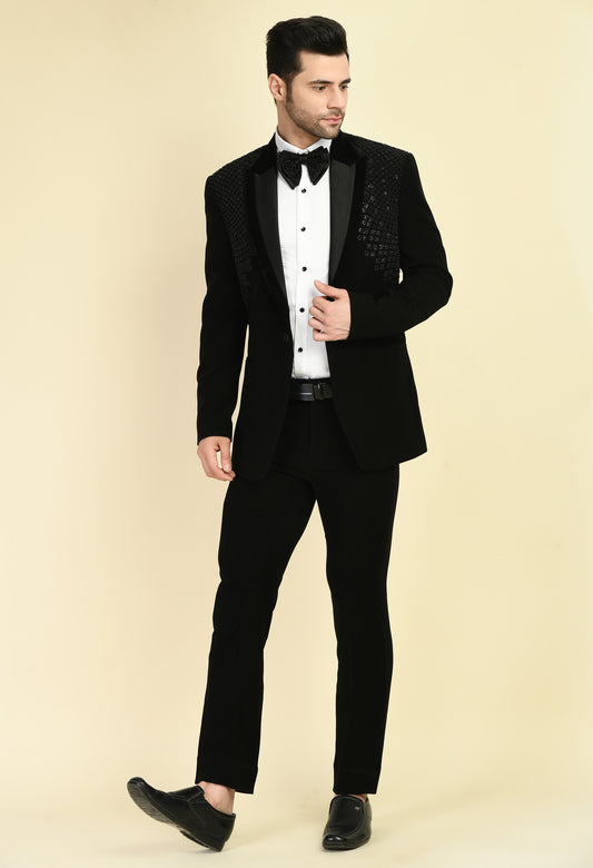 Front view - Men’s Tuxedo – Japanese Lycra in Black with Geometric Beads, Stone and Sequins Embroidery