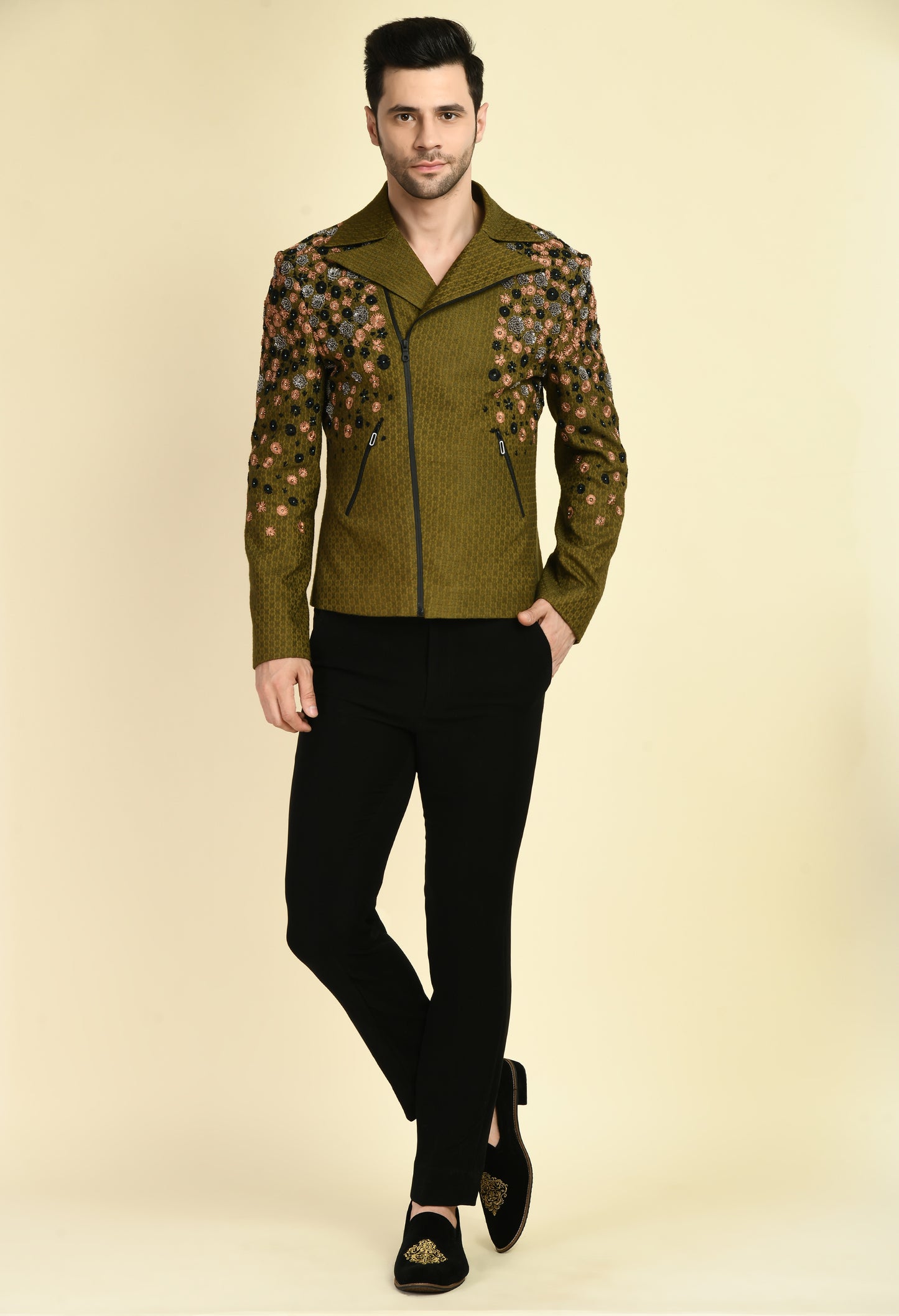 Front view - Men’s Biker Jacket – Silk Jaquard in Olive Green with Placement Embroidery