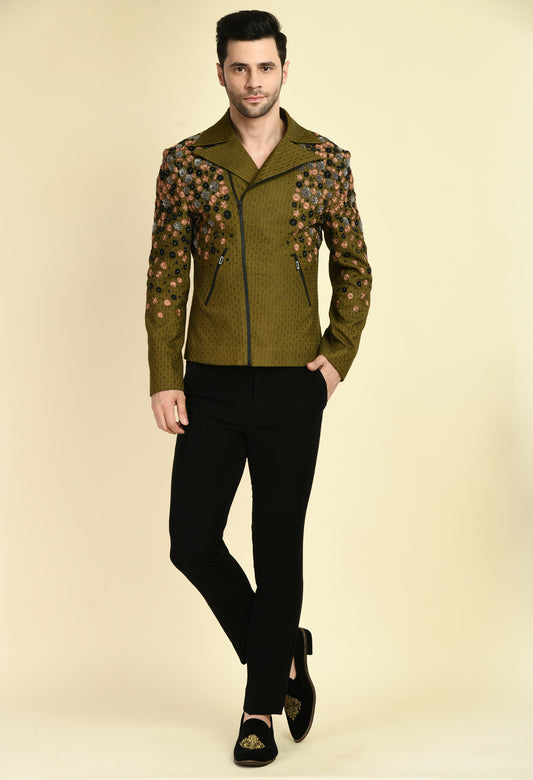 Front view - Men’s Biker Jacket – Silk Jaquard in Olive Green with Placement Embroidery