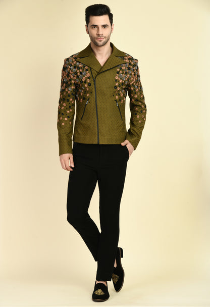 Men’s Biker Jacket – Silk Jaquard in Olive Green with Placement Embroidery | One Man Show